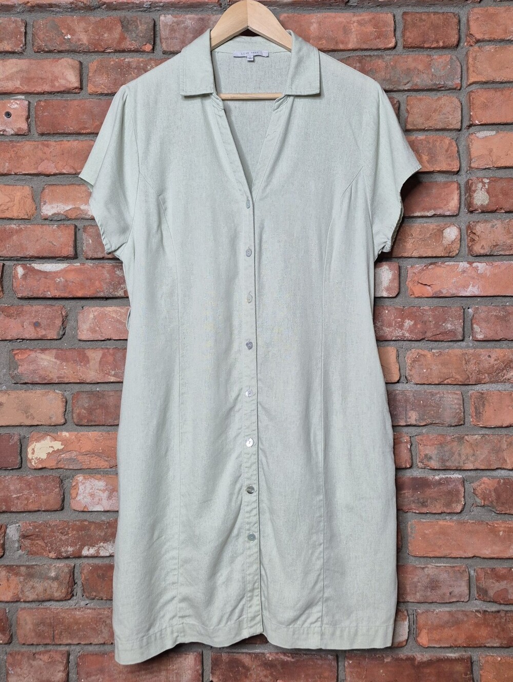 Love Tree Sage Linen Blend Button Front Shirt Dress Mother of Pearl Buttons Midi